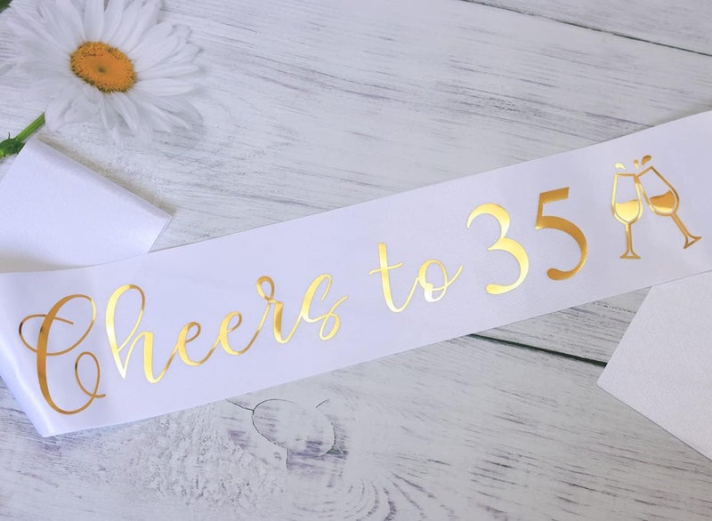 Docooniver It's my 35th Birthday Sash for Women,Men and Girls,Cheers to 35,Happy 35th Birthday Sash White with Gold Foil Lettering. - Image 2